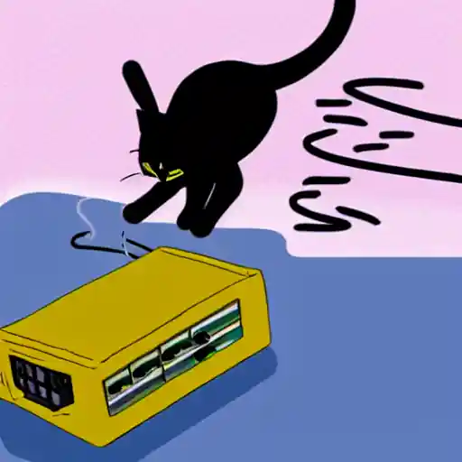 A black cat (?) jumps on top of a green box with its paws in the air about to swipe, drawn in an animated cartoon style. The cat's face is deformed with odd lines for eyes and the box doesn't seem to clearly identify as anything in particular, just a strange off-green color with some arbitrary switches and plugs in it.
