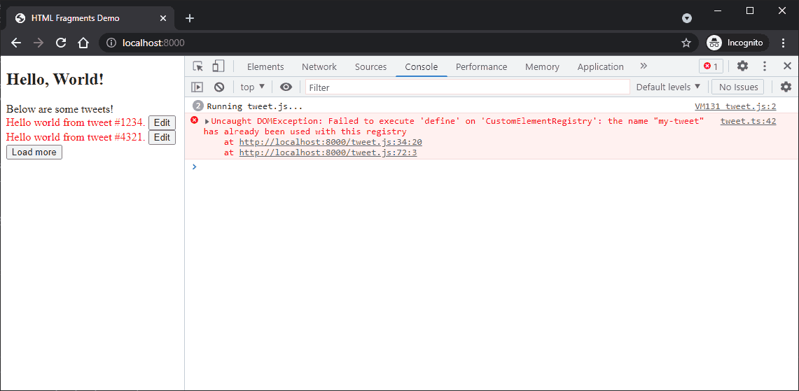 A screenshot of the demo Twitter application with Chrome DevTools opened to the console panel. The console shows a message "(2) Running tweet.js..." followed by an error: "Uncaught DOMException: Failed to execute 'define' on 'CustomElementRegistry': The name 'my-tweet' has already been used with this registry".